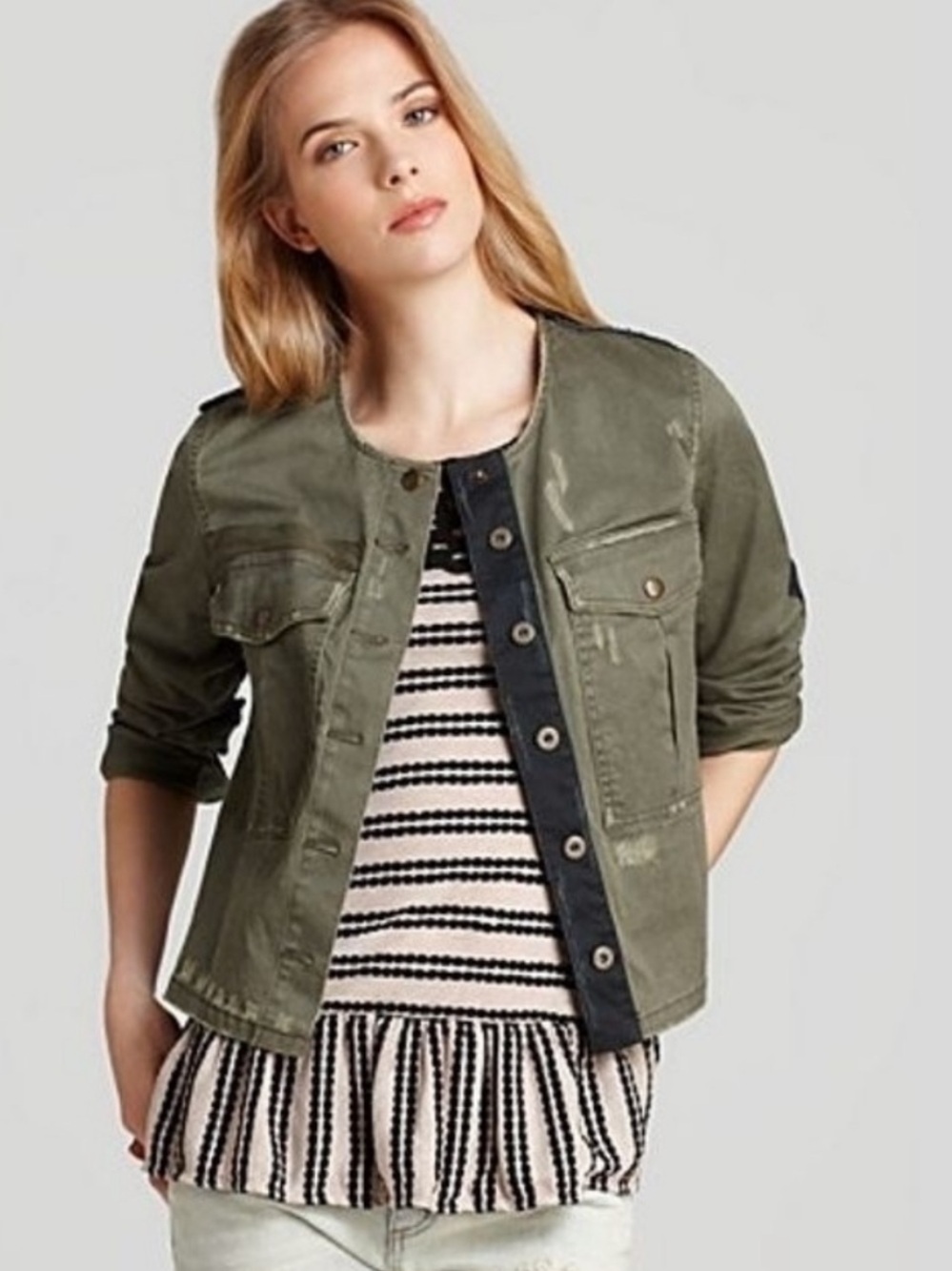 Free People Black Green Button Front Distressed Detail Jacket: Front Pockets• S - Picture 2 of 8